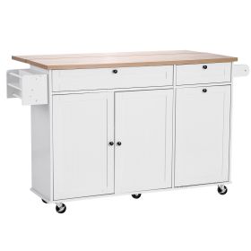 Kitchen Island Cart with Storage, 60in Wide Mobile Kitchen Cart with Wheels, Drop Leaf, 2 Drawers, Trash Can Cabinet, Knife Holder, Spice Rack