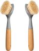2 Pack Kitchen Dish Brush Bamboo Handle Dish Scrubber Built-in Scraper, Scrub Brush for Pans, Pots, Kitchen Sink Cleaning