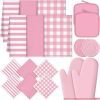 18 Pcs Pink Kitchen Decor Accessories Set Oven Mitts Pot Holders Kitchen Towels Dishcloths Oven Gloves Dish Towels Heatproof Potholders Pink and White