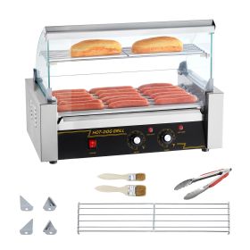 Hot Dog Roller 7 Rollers 18 Hot Dogs Capacity 1050W Stainless Sausage Grill Cooker Machine with Dual Temp Control Glass Hood Acrylic Cover Bun Warmer