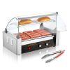 Hot Dog Roller 7 Rollers 18 Hot Dogs Capacity 1050W Stainless Sausage Grill Cooker Machine with Dual Temp Control Glass Hood Acrylic Cover Bun Warmer